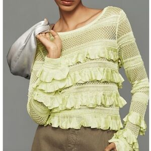 Anthropologie Light Green Ruffle Knit Sweater